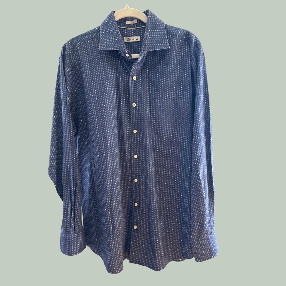 Peter Millar Mens Navy Blue Skull Crossbones Print Cotton Button Down Shirt L